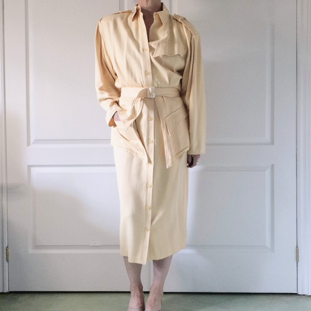 Vintage 80s Tom D’Auria Pale Peach Safari Power Dress | Size Vintage 14
